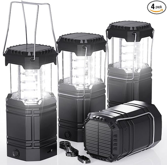 4 Pack Rechargeable Emergency Lanterns for Power Outages, USB-C & Solar Backup, Lantern Flashlight Combo, 1600mAh, 30H Runtime, Compact Hanging Lights for Camping Tent