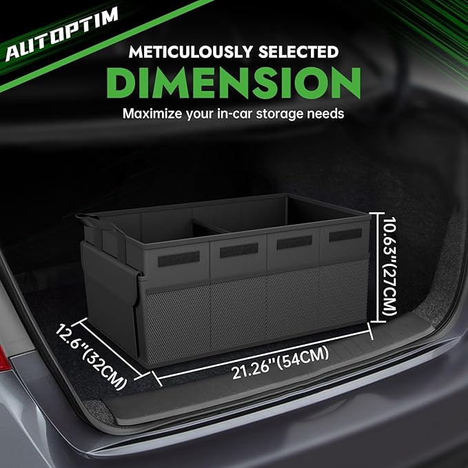 AUTOPTIM Car Trunk Organizer - 50L Collapsible Car Organizer with Non Slip Bottom for Groceries, Trunk Storage with Base Panel for SUV Sedan Van, 2 Compartments (Black, Small)