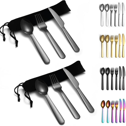 Evanda Portable Silverware Set Set of 2 Packs, Include Knife Fork Spoon, Black Titanium Plating Cutlery Set With Black Bag, For Home Kitchen Camping Travel, Dishwasher Safe