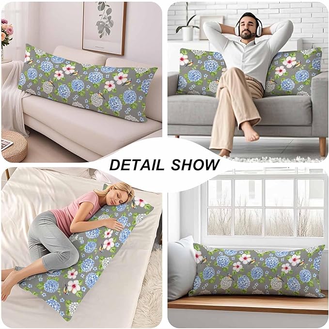Couch Body Pillow Cover Hummingbird Bedding Body Pillow Case for Men Women, Blue Hydrangea Oblong Pillow Covers Throw Body Cushion Cases for Home Sofa Livingroom 20"X 54"