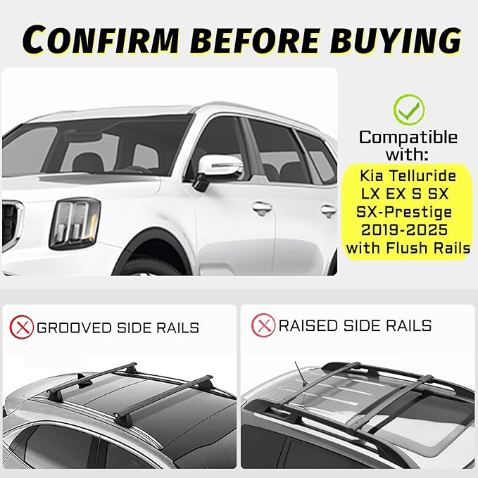 Car Roof Rack Cross Bars Compatible with 2019-2025 KIA Telluride LX EX S SX SX-Prestige (Only Fit Flush Side Rails), Aluminum Lockable Roof Cross Bars for Kayak Bike Rooftop Cargo Carrier Bag Basket