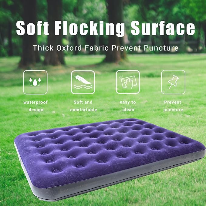 Onirii Queen Size Double Camping Air Mattress Bed with Air Pump,Inflatable Mattress,80"x 60"Thickened Portable Blow Up Air Mattress,Travel Sleeping Bed Pad for Camping Home Hiking