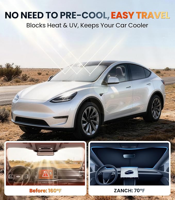 Zanch Custom Windshield Sun Shade for Tesla Model Y 2019-2026, 7-Layer UV & Heat Block, 3D Laser Scanned, Interior Protection, Keep Car Cooler, Foldable SUV Accessories