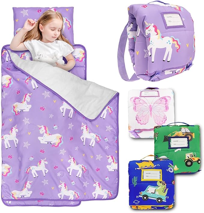 Primlect Toddler Nap Mat with Removable Pillow and Flannel Blanket, Portable Sleep Bag for Kids, Easy to Roll up, Washable, Perfect for Daycare, Preschool, Boys and Girls, 3-6 Years