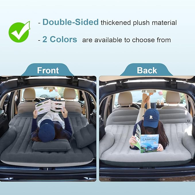 Ciremiv SUV Air Mattress, Double-Sided Thick Flocked Car Air Mattress with Built-in Pump & Pillow, Complete Sleeping Accessories for Auto Camping & Road Trips（Dark Gray）