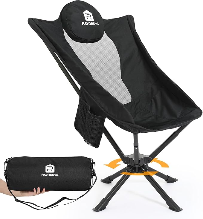 Raynesys 360° Rotation Camping Chair, Compact Hiking Chair with Cup Holder & Storage Pocket, Portable Folding Chairs for Outdoor Activities, High Back Comfort for Long Sitting, 1 Pack Black
