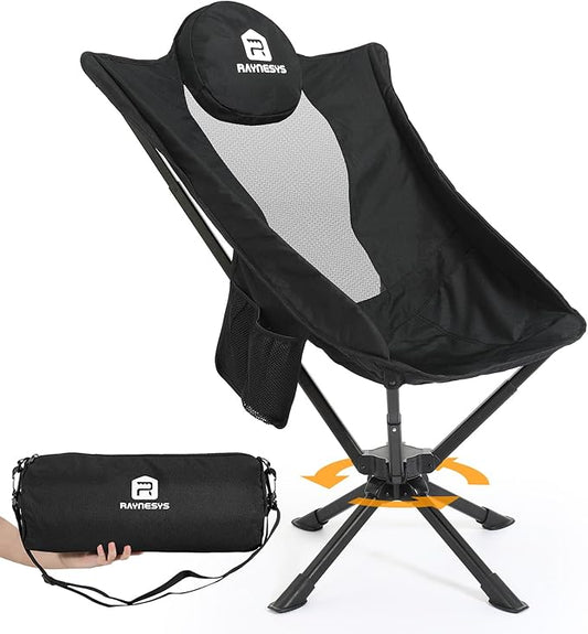 Raynesys 360° Rotation Camping Chair, Compact Hiking Chair with Cup Holder & Storage Pocket, Portable Folding Chairs for Outdoor Activities, High Back Comfort for Long Sitting, 1 Pack Black