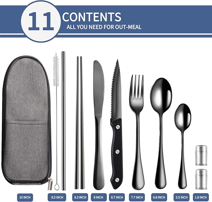 Logcow Travel Utensils with Case,Reusable Utensils,Portable Travel Camping Cutlery Set,Stainless Steel Flatware Set,Lunch Boxes Workplace Camping School Picnic (Black)