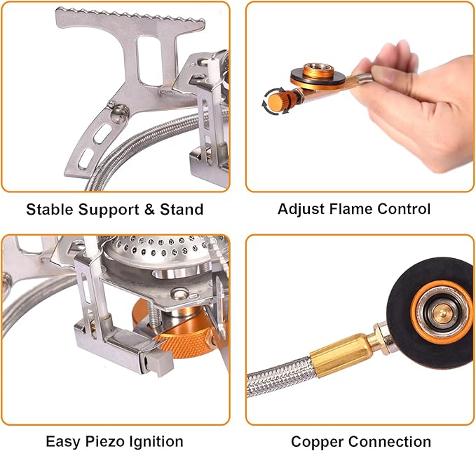 Portable Camping Gas Stove with 1LB Propane Tank Adapter, Foldable Camp Stove Backpacking Stove with Piezo Ignition for Outdoor Hiking Cooking Burner