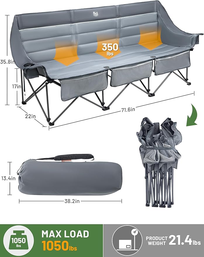 Timber Ridge 3 Person Camping Chair Supports to 1050lbs, Portable Camp Couch Padded Camping Chairs, Outdoor Oversized Folding Loveseat Perfect for Campsites, Patio/Lawn, Soccer Games, Grey