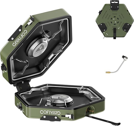 Cofiyard Propane 2-Burner Camping Stove with Carrying Bag and Gas Stove Pressure Regulator, Camping Essentials Folding Camp Stove with Flick-Style Ignition for Backpacking, Outdoor Cooking, Tailgating