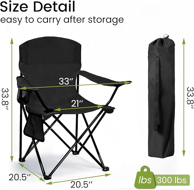 2 Pack Folding Camping Chair with Cup Holder & Side Storage Bag 300lbs Capacity Lightweight High Back Portable for Beach, Picnic, Sport, Black