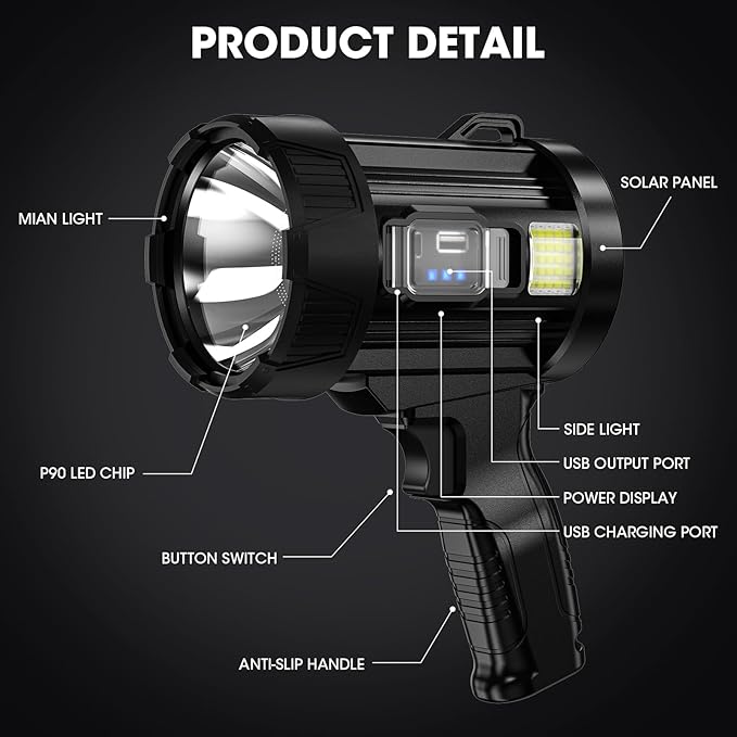 Kmivo Rechargeable Spotlight, 2,000,000 Lumens Super Bright Handheld Led Flashlight, Outdoor Spot Light with Cob Light and Solar Panelsfor Boating Camping
