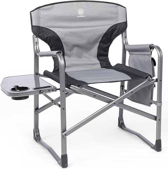 EVER ADVANCED Aluminum Lightweight Folding Director Chair, 350lbs Heavy Duty Camping Chair with Side Table & Storage, 19" Joint-Friendly Height Easy to Stand, Portable Makeup Artist & Vendor Chair