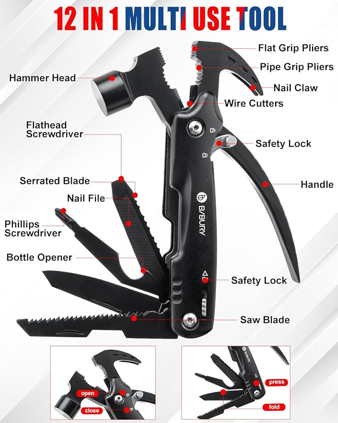 BIBURY Valentines Day Gifts for Him, 12 in 1 Multitool Hammer with Snowflake Tool, Christmas Stocking Stuffers for Men, Survival Gear Outdoor Multi Tool with Safety Lock for Men Dad Grandpa Husband