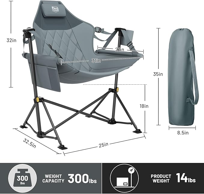 Timber Ridge Hammock Camping Chair with Adjustable Backrest, Heavy Duty Folding Hammock Chair Supports 300lbs, Portable Hammock Chair for Camping, Travelling and Patio, Grey