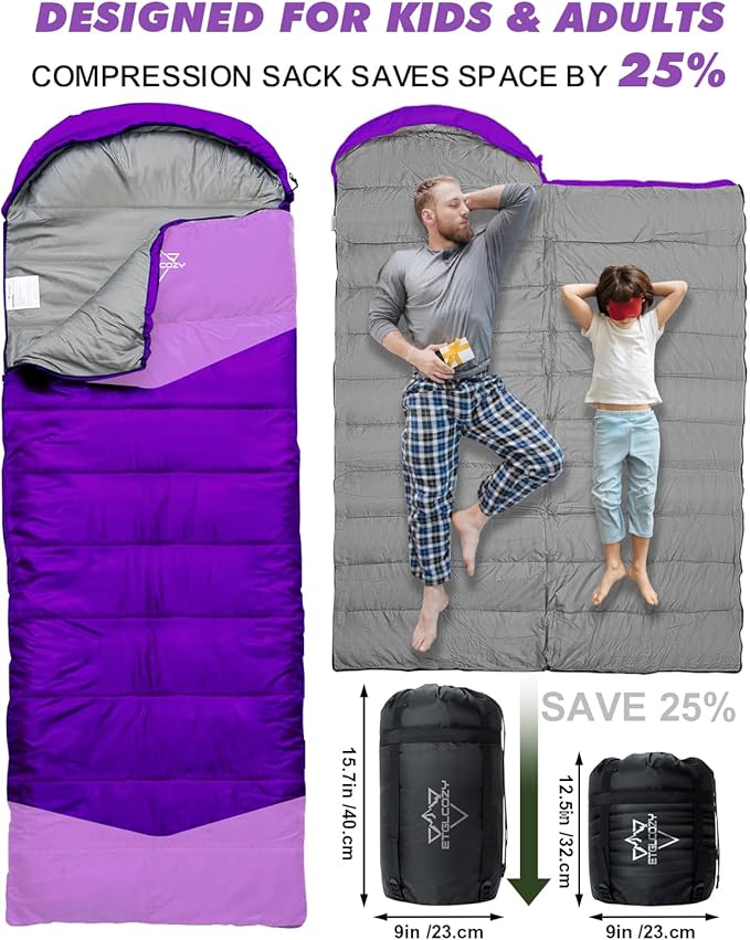 Lightweight 3-Season Sleeping Bag for Adults/Kids Camping, Compact w/Compression Sack, Waterproof Ripstop, Portable for Backpacking Hiking Travel