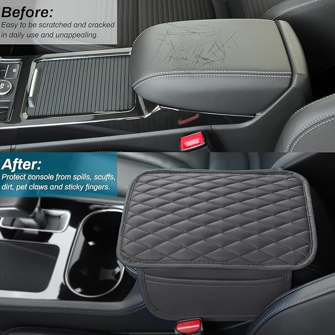 Car Center Console Cover, Upgraded Microfiber Leather Car Arm Rest Cover with 2 Storage Bags, Universal Armrest Cover for Car Storage Box Car Interior Accessories Protector for Most Vehicle-Gray