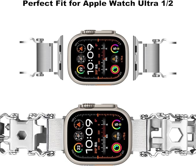 29 in 1 Multitools Stainless Steel Tool Wearable Bracelet for Men Compatible for Apple Watch Ultra 1&2, Survival Camping Travel Multitools Watch Band, Silver