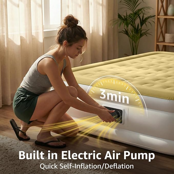YENING Full Size Air Mattress with Built in Pump Raised Double Blow up Bed Inflatable Camping Airbed Electric 18 Inch Tall Beige