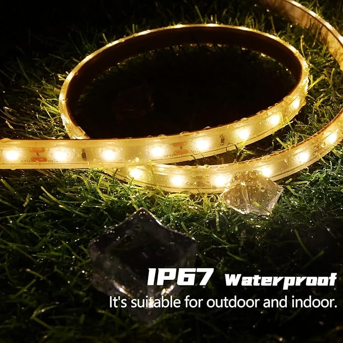 50Ft Solar Strip Lights Outdoor, Waterproof LED Light Strip Auto On/Off, Rechargeable Strip Lights 8 Mode with Remote Timer Acrylic Tape for Deck Patio Pool Pathway Camping Decor (Warm White)
