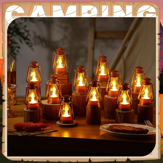 Ferraycle 12 Pcs Mini Lantern for Centerpiece Western Wedding Decor 4 Inch Camping Decorative with LED Candle Vintage Hanging Lantern Ornaments Bulk for Cowboy Cowgirl Xmas Party Decoration (Brown)