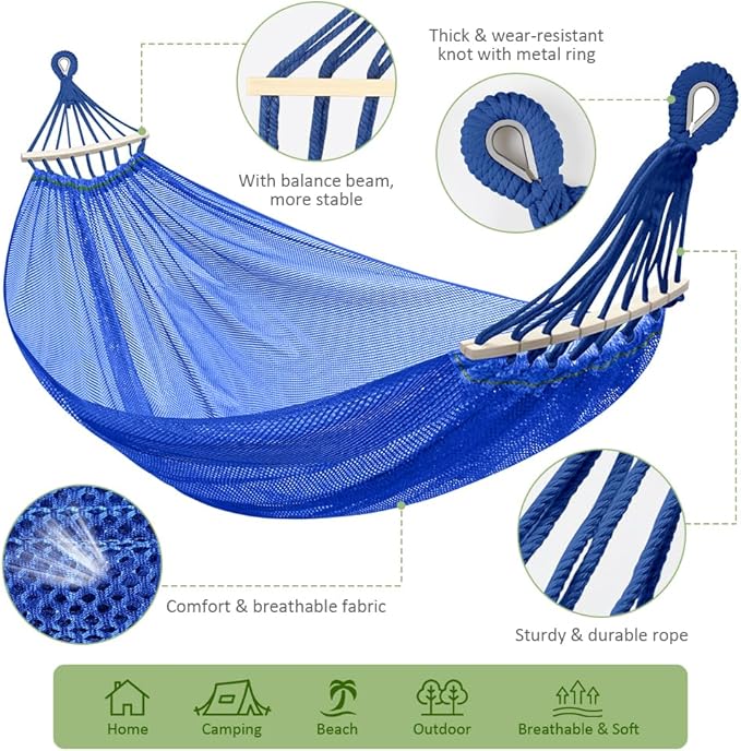 Outdoor Hammock, Super Soft and Breathable Mesh Hammock Made of Cool Nylon with Wooden Bars for Indoor, Balcony, Terrace, Garden, Camping, Backpacking