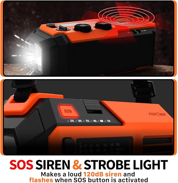 FosPower NOAA Emergency Weather Radio A6 19240mWh Portable Power Bank, AM/FM, USB/Solar/Hand Crank Charging, Battery Operated, SOS Alarm & Flashlight for Indoor/Outdoor Emergency - Orange