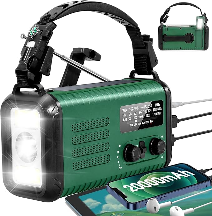Emergency Hand Crank Radio, NOAA Weather Radio, 20000mAh Rechargeable Solar AM/FM Radio, Portable USB-C Fast Charger, Flashlight, Reading Lamp SOS Alarm for Hurricane Storm Camping Hiking (Green)