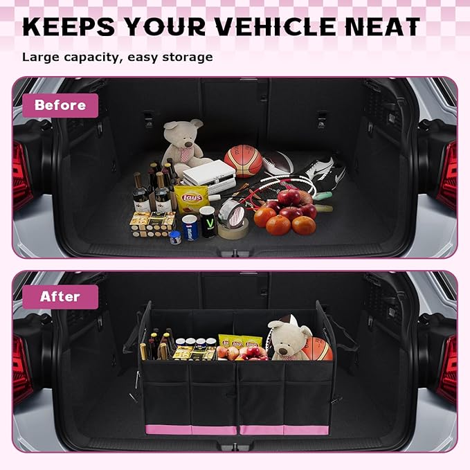 Car Trunk Organizer, 72L Large Capacity Waterproof Auto Storage Organizer with Non-Slip Bottom Strips, Collapsible Cargo Organizer for Suv, Truck, Sedan, Portable Car Accessories for Women Men(Pink)
