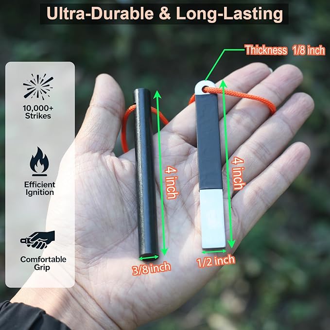 4" Portable Pocket Waterproof Ferrocerium Ferro Rod Fire Starter Survival Tool, Flint and Steel Magnesium Camping Emergency Fire Starters Kit with Striker, Outdoor Campfires Stick Firestarter