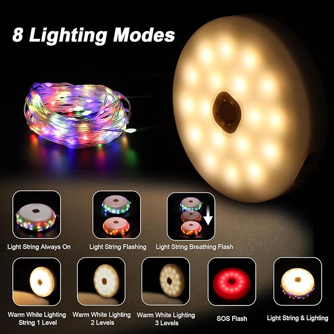 Outdoor Waterproof Portable Stowable String Light, 4 in 1 Retractable Camping String Lights with 8 Lighting Modes (42ft), Solar /USB Rechargeable Tent Lights for Hiking, Yard, RV (Multicolor String）