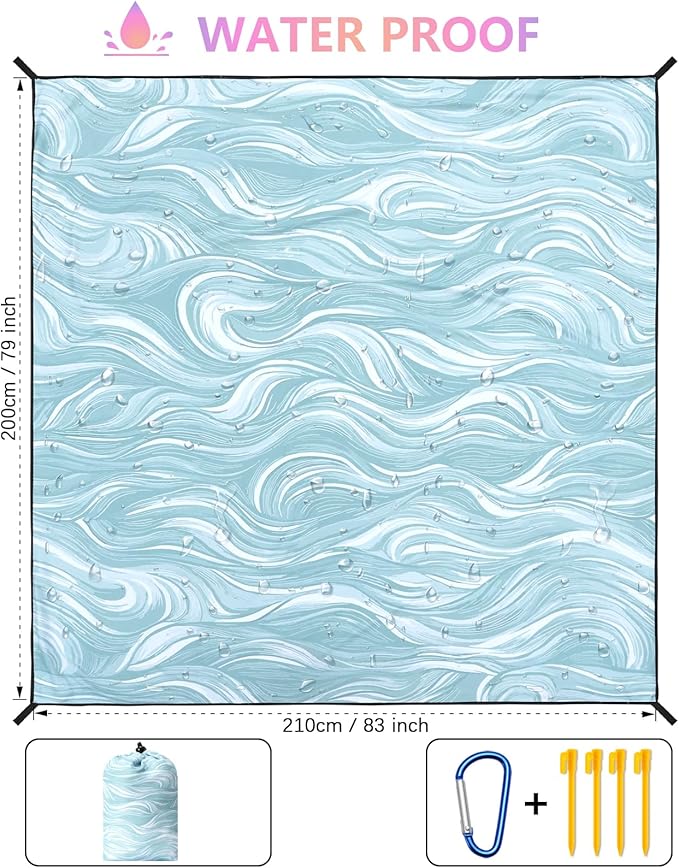 HIHOHO Beach Blanket Waterproof Sandproof Beach Mat for 1-8 Adults Quick Drying Durable Outdoor Picnic Mat for Beach Festival Travel Camping Hiking (Ocean Wave-Dark BL, 79"×83"(4 Person))