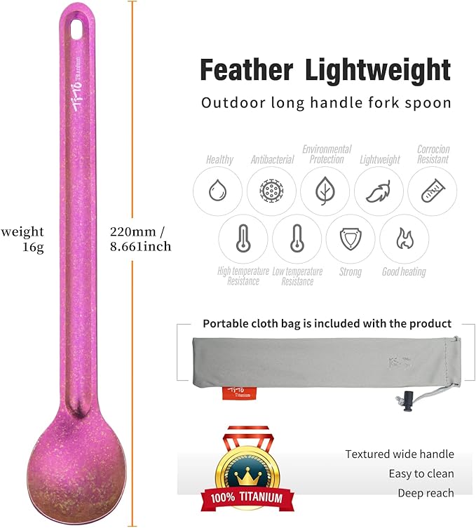 TiTo Titanium Long Handle Spork and Spoon Eco-Friendly Ultralight Portabale Flatware for Outdoor Camping Backpacking Hiking Travel Picnic Tableware with Bag (Bright Rose Spoon)