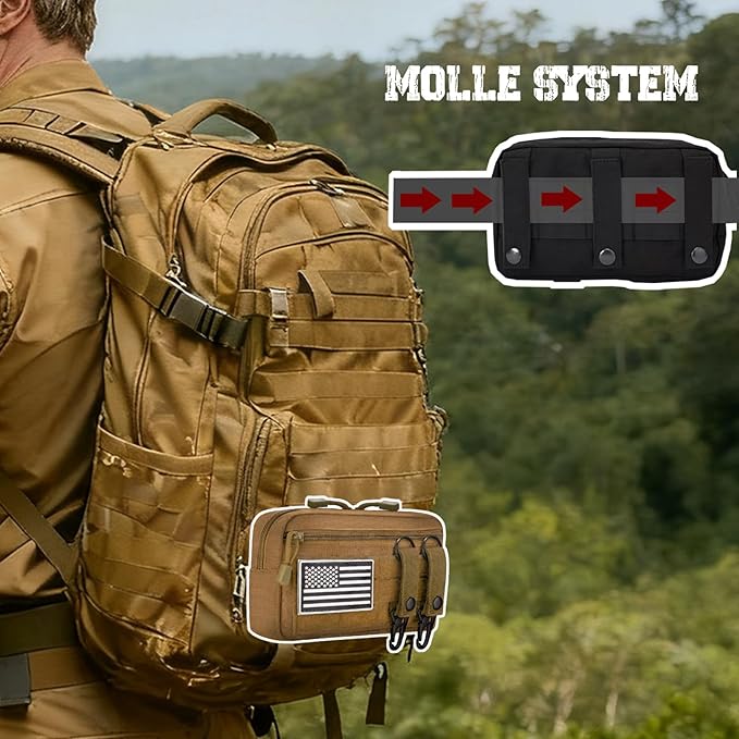 Tactical Molle Admin Pouch with 2 Keychains & US Flag Patch - Laser Cut EDC Modular Pouch for Outdoor, Survival, Daily Carry