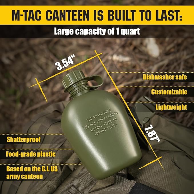 M-Tac Canteen Water Bottle - 1 Quart Water Canteen (34 Oz/1L) - Tactical Water Bottle for Military Hiking Camping Survival (Bottle & Cover Olive)