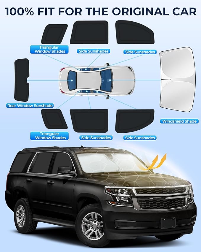 for Chevrolet Tahoe 2015-2020 Car Window Shades, 8pcs Privacy Sun Shade Set for Front Windshield Side and Rear Windows, Full Window Covers Keeps Vehicle Cool for Camping Napping