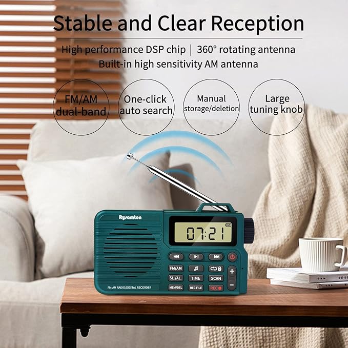 Portable AM/FM Radio, Digital Radio Recorder, Bluetooth 5.0, Alarm and Sleep Function, 12/24H Time Display with Large Digital Display