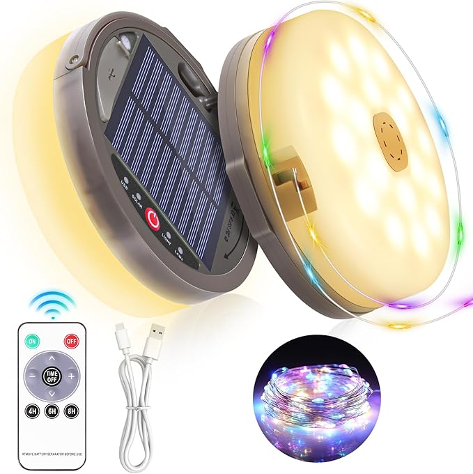 Outdoor Waterproof Portable Stowable String Light, 4 in 1 Retractable Camping String Lights with 8 Lighting Modes (42ft), Solar /USB Rechargeable Tent Lights for Hiking, Yard, RV (Multicolor String）