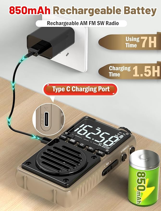Digital AM FM Weather Band Radio 851mAh Rechargeable Portable Pocket Radio with Best Reception,Flashlight,LCD Screen, Back Clip,Stereo Earphone Jack, SOS Alarm,Sleep Timer for Jogging（Brown）