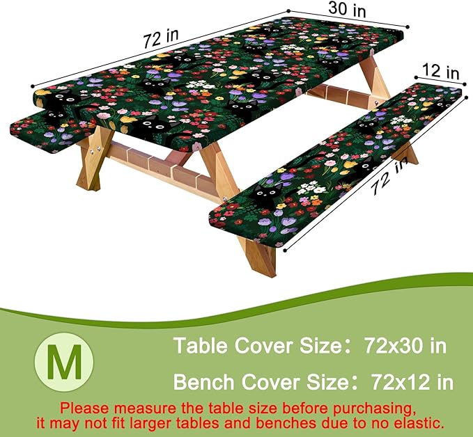 Picnic Table Cover with Bench Covers Portable Table Cloth Built-in Storage Pocket Fitted Tablecloth with Elastic Edges Waterproof Camping Essentials for Indoor Outdoor Rv,72in,Green Black