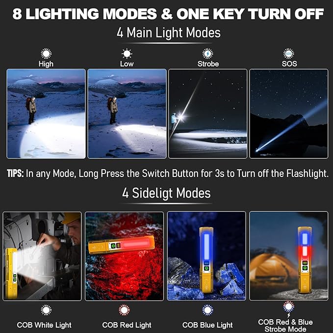Banral Rechargeable Flashlights High Lumens - Super Bright Small Pocket Magnetic Flashlight, 8 Modes LED Tactical Flash Light, Dual Button Powerful Flashlight for Camping (2, Yellow Gold)