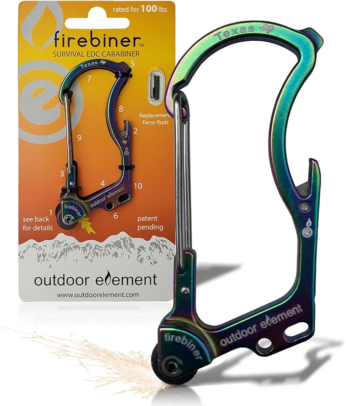 OUTDOOR ELEMENT Firebiner Custom Engraved 6-in-1 Fire Starter Carabiner Multitool – Survival Gear EDC Keychain with Utility Blade, Bottle Opener, Screwdriver, Emergency Tool