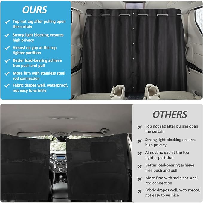 ZATOOTO Car Divider Curtain, Blackout Car Curtains with Pole for Backseat, Adjustable Length for Most Vehicles, Sedan, Vans, SUVs (5.91ft * 4.14ft)