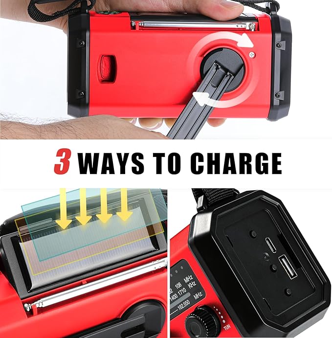 10000mAh Emergency Crank Radio, NOAA/AM/FM Weather Radio, Type-C Charge,Solar Charging,SOS, 3 Modes LED Torch, Reading Lamp, Compass for Outdoor Survival (Red)