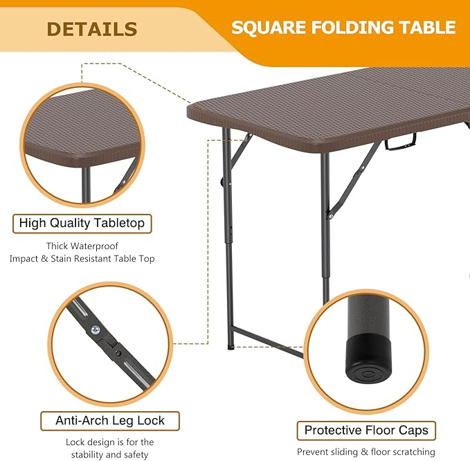 FDW 4FT Folding Table Half Portable Foldable Table Picnic Table for Office Home Camping Party (Brown Ratten)