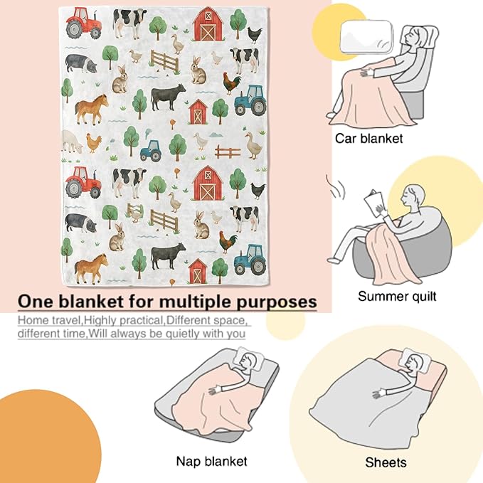 Farmhouse Blanket Cute Farm Pattern with Cow Horse Tractor and Barn Throw Blankets Lightweight Flannel Throws for Camping Couch Office Bed Country Home Decor Gifts for Adults,50x40inch