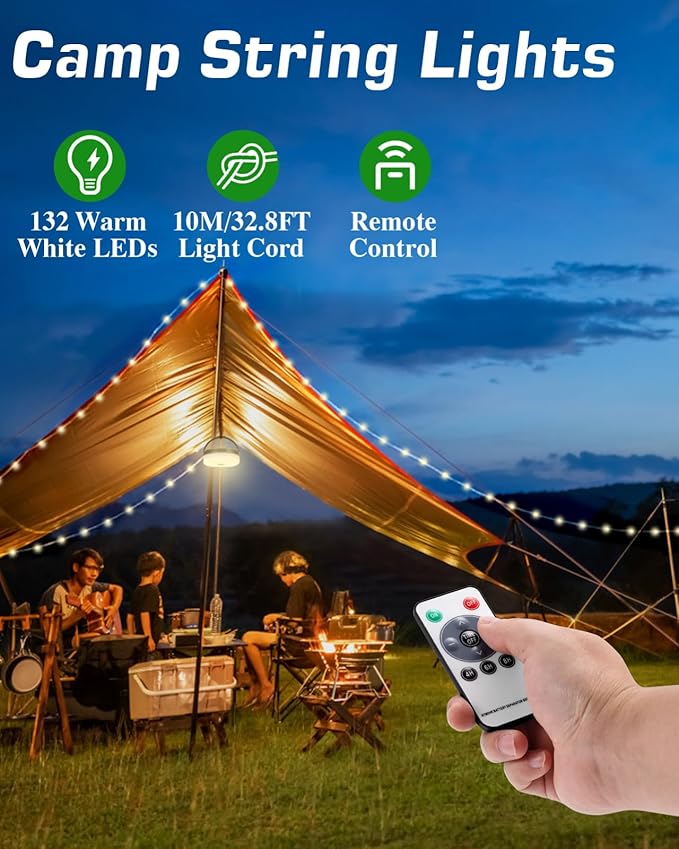 Anpro Camping String Lights 4 in 1: 32.8 Ft String with Warm White 130 LEDs, USB Rechargeable with Remote Control, Adjustable Brightness, 6 Light Modes, Portable IP65 Camping Light for Outdoor