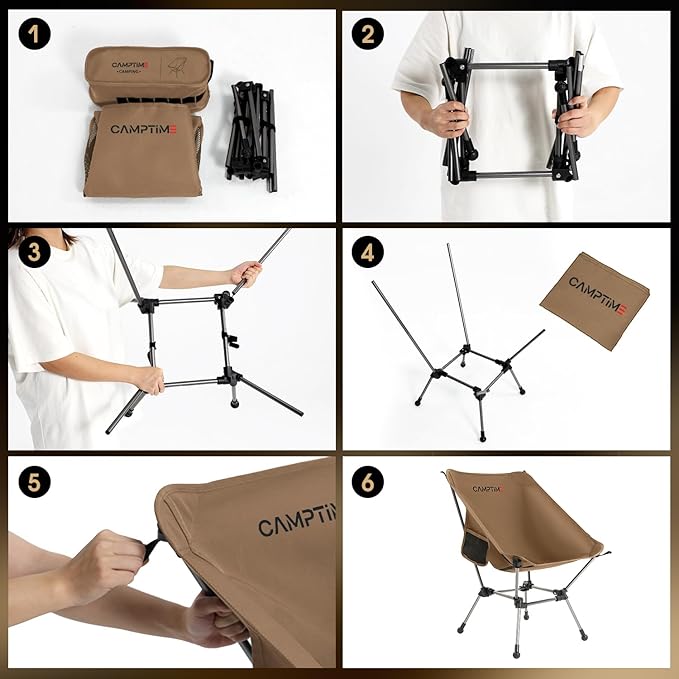 Camptime Portable Camping Chair Plus, Larger & Roomier, Compact and Lightweight, Folding Chair for Backpacking & Hiking, 330Lbs Capacity, Khaki