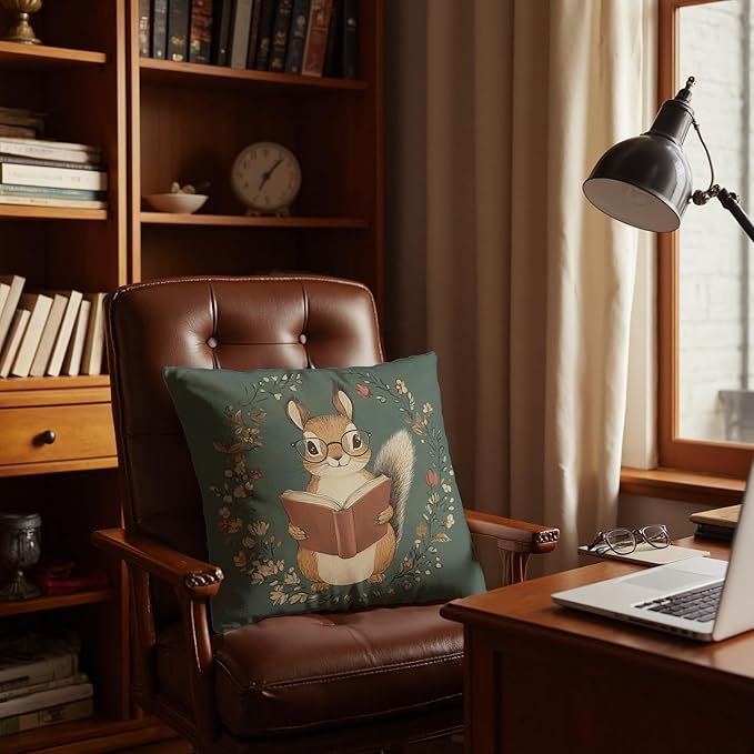 Vintage Bookish Squirrel Pillow Cover 18x18, Book Lovers Bookworm Reader Gifts, Cottagecore Forest Animal Decorative Throw Pillow Cover for Reading Room Nook Corner Home Library Nursery